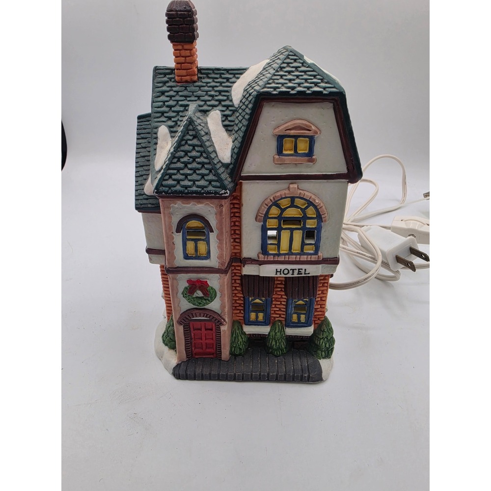 Vintage Lighted Ceramic Christmas Village Hotel Inn Hand Painted Holiday Decor